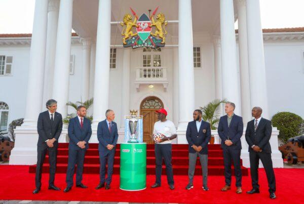 The Premier League Trophy displayed at Statehouse alongside His Excellency President Ruto, Rubis Kenya & Castrol Oil Officials officials- Trophy Tour