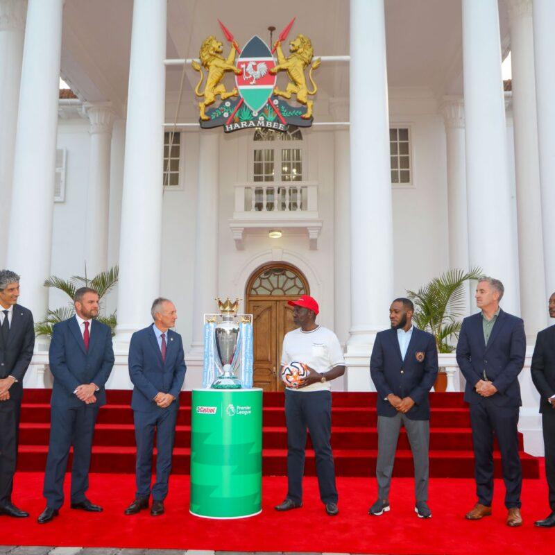 The Premier League Trophy displayed at Statehouse alongside His Excellency President Ruto, Rubis Kenya & Castrol Oil Officials officials- Trophy Tour